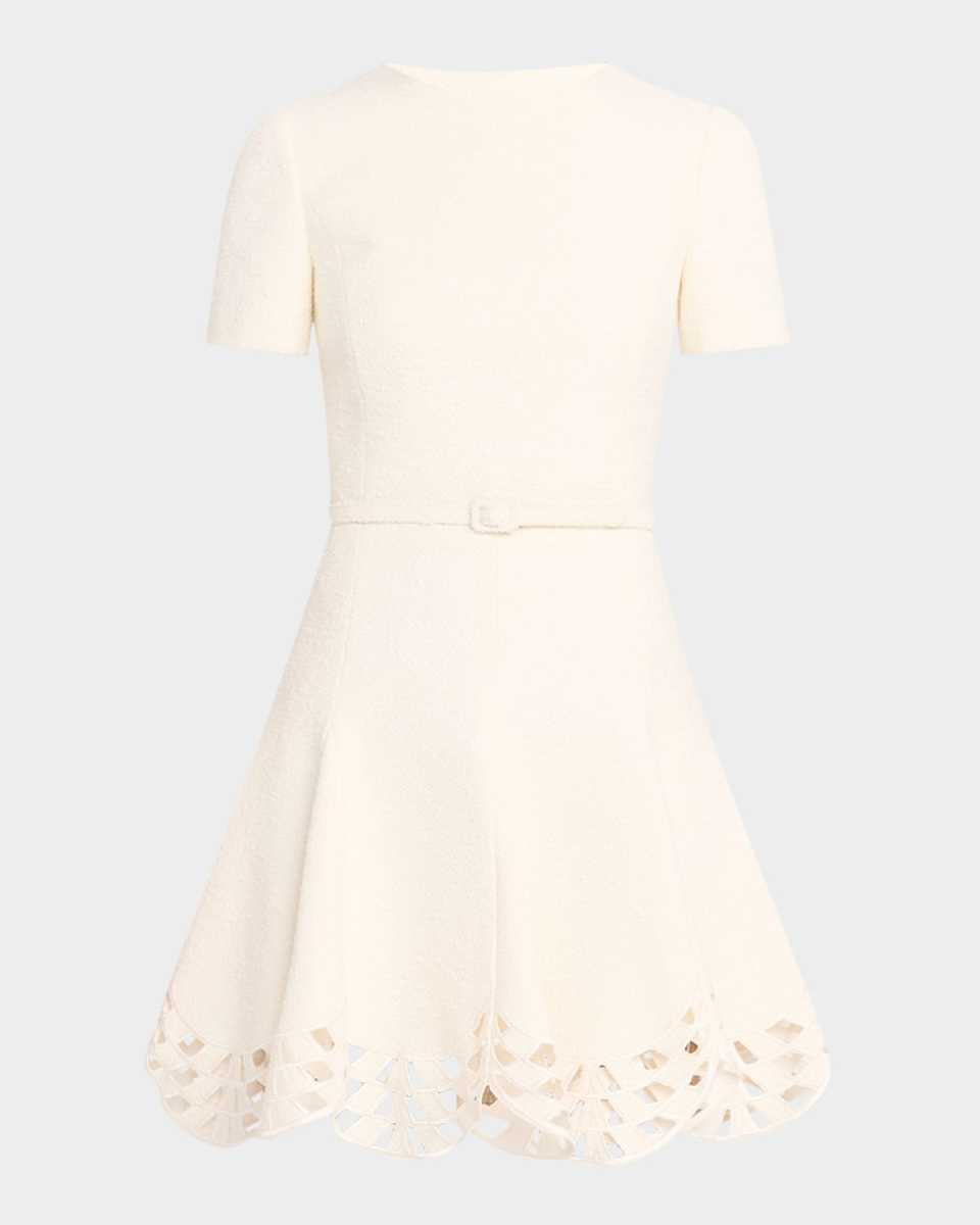 Short-Sleeve Cutout-Hem Tweed Mini Dress With Belt